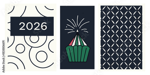 Modern new year 2026 design with geometric patterns and celebratory illustration