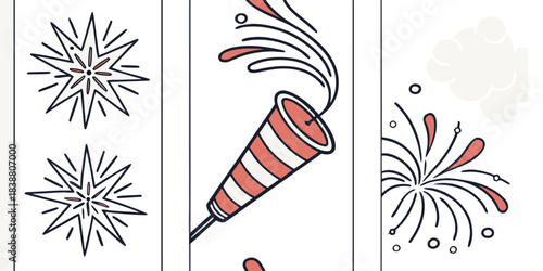 Festive celebration with fireworks and party popper in a minimalist design style