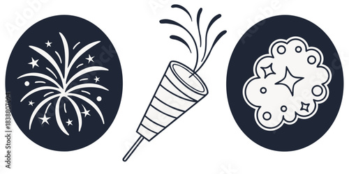 Festive celebration icons featuring fireworks party popper and sparkle design
