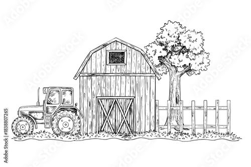Farmyard. Black and white hand drawn vector illustration. Barn, tractor, tree and fence. Concept of agricultural industry. Design element for banners, labels, postcards and more