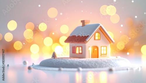 Small house on snow, light-filled bokeh