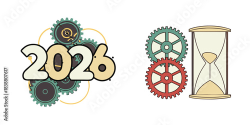Steampunk 2026 design featuring gears and an hourglass against a split background
