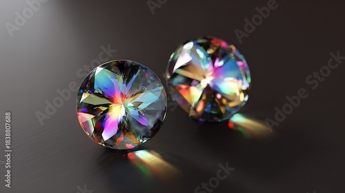 Futuristic holographic earrings glowing with soft rainbow light on matte black stand