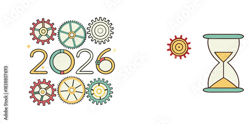 Colorful graphic showing the transition from 2022 to the year 2026 with gears