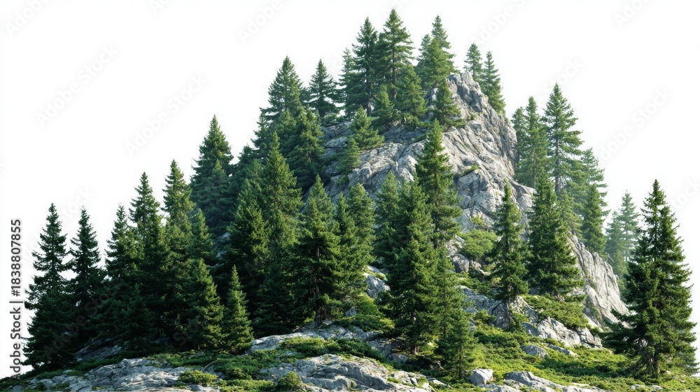 Fototapeta premium Snowy mountain peak surrounded by lush pine trees, isolated on white background, detailed nature landscape illustration, png for creative design and digital artwork