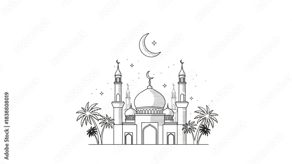 Obraz premium Hand drawn sketch of a beautiful mosque with crescent moon and palm trees.