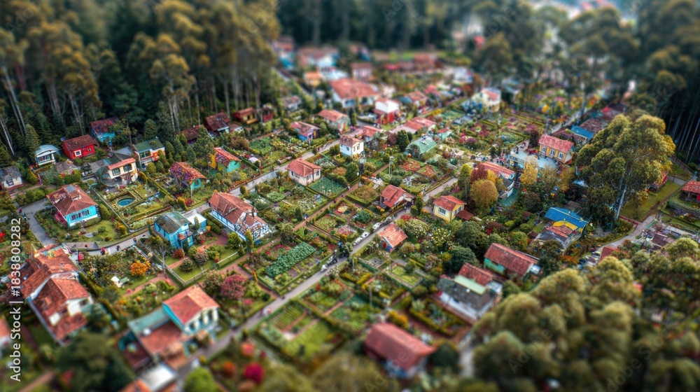 Obraz premium Aerial View of Colorful Houses and Lush Gardens in a Scenic Community