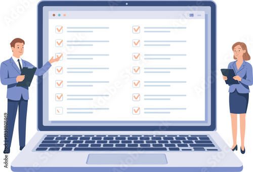Business checklist management illustration with professionals reviewing tasks on laptop screen, workflow organization, project planning, digital productivity concept