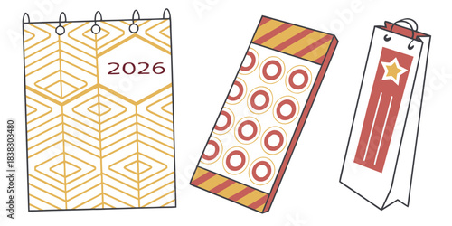 Calendar for 2026 with geometric pattern alongside gift box and shopping bag design
