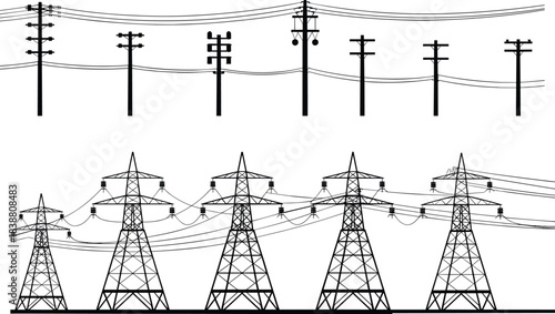 Black and white electricity transmission illustration featuring power lines utility poles and high voltage towers vector icons set