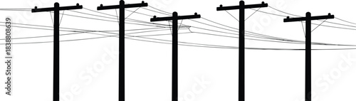 Electric power line poles and cables silhouette illustration, utility electricity transmission infrastructure, black vector energy network background design