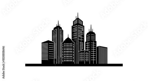 City Skyline Icon Vector – Urban Buildings Silhouette, Modern Cityscape Illustration