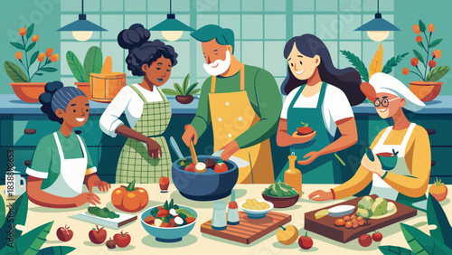 A group of people are cooking together in a kitchen. Scene is cheerful and friendly