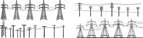 Electric power transmission illustration set showing utility poles high voltage towers and overhead power lines in black and white