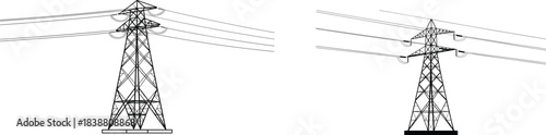 High voltage electricity transmission tower illustration with overhead power lines in black and white isolated vector design