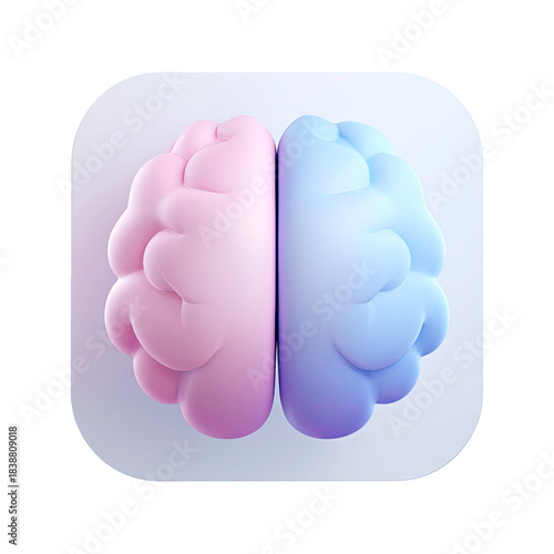 3D brain icon with pink and blue hemispheres symbolizing thought and balance isolated on transparent background