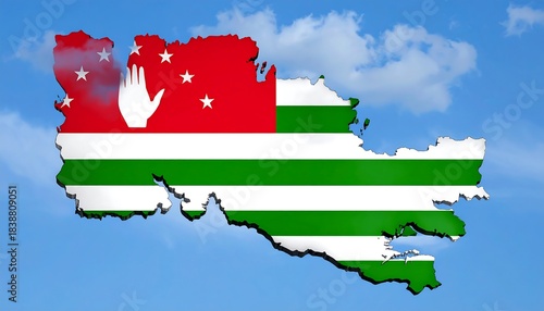 A country's shape with its national flag overlaid, set against a bright, cloudy sky