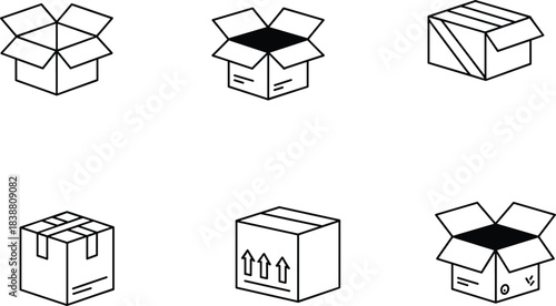 Minimal packaging box icons set, open and sealed cartons, shipping, delivery, logistics, storage line vector illustration for ecommerce useMinimal packaging box icons set, open and sealed cartons, s
