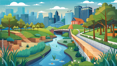 A city park with a river running through it. The park is full of trees and grass. The sky is blue and there are clouds