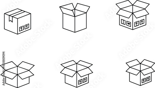 Minimal shipping box icons set, open and closed package symbols, delivery, logistics, packaging line vector illustration for ecommerce businessMinimal shipping box icons set, open and closed package 