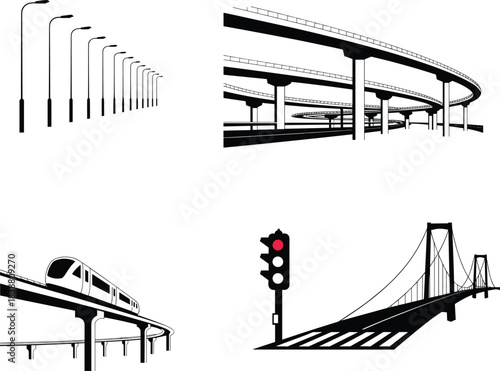 Urban transportation infrastructure illustration featuring street lights overpass highway bridge metro train and traffic signal black white vector set design