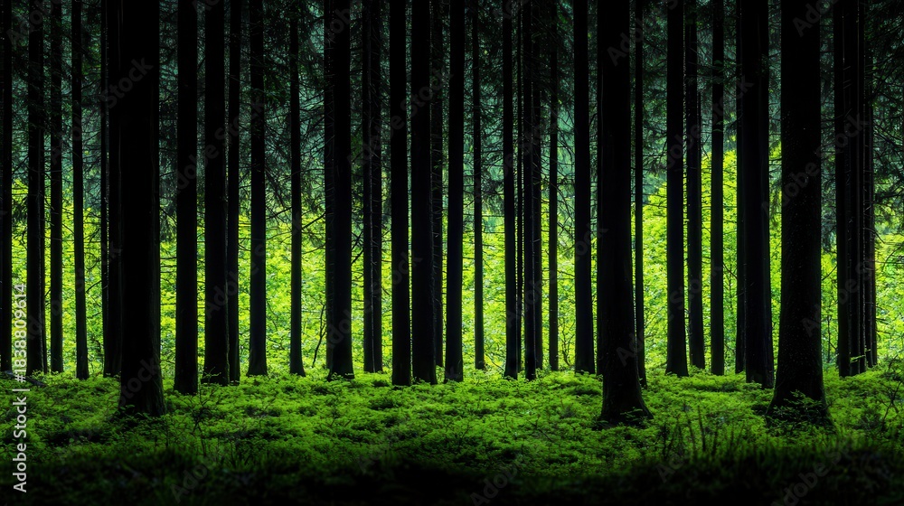 Fototapeta premium Lush Green Forest with Tall Trees and Vibrant Underbrush in a Serene Environment