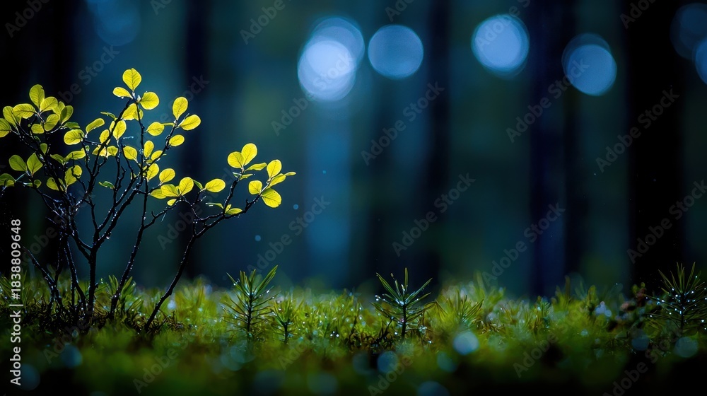Fototapeta premium Fresh Green Leaves in a Serene Forest Setting with Blurry Background Bokeh Effect