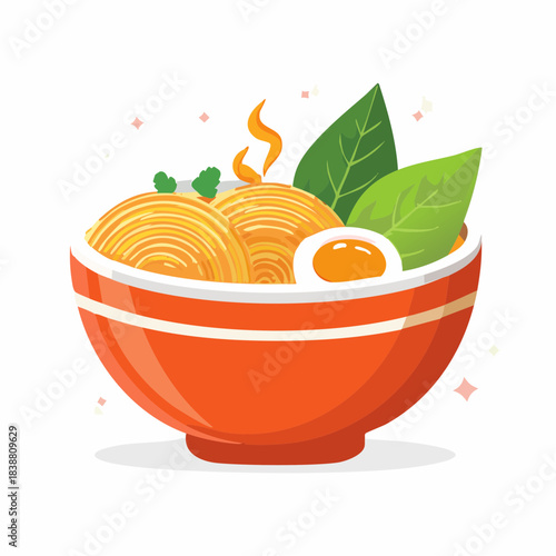 Vibrant flat vector illustration of a delicious ramen noodle bowl, brimming with golden noodles, a halved egg, and fresh greens, embodying comforting Asian cuisine