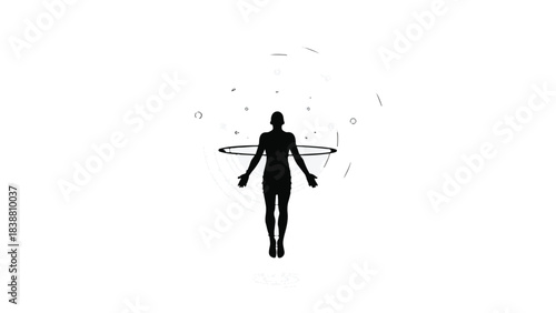 Silhouette of a person surrounded by abstract glowing particles and a futuristic ring