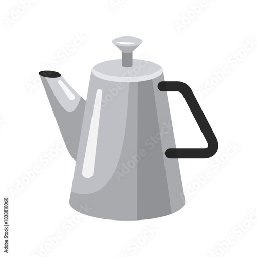 Metal Coffee pot with black plastic handle for making coffee. Cartoon style, flat design. Vector illustration.