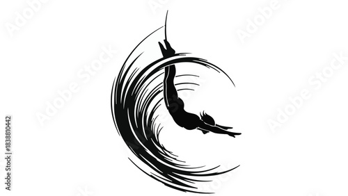 Dynamic silhouette of a diver plunging through a powerful wave, capturing the thrill of extreme sport.
