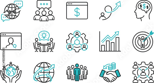 Modern business strategy icons featuring global communication, teamwork, leadership growth, financial success, innovation, and analytics designed in clean minimal line style.