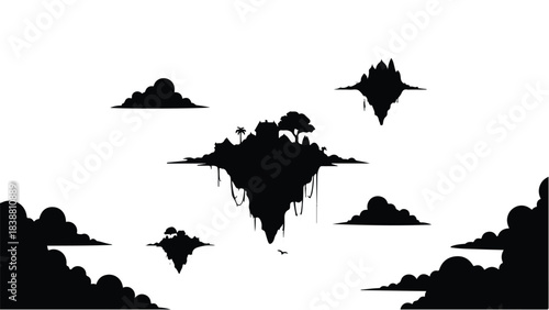 Mystical floating islands with lush vegetation against a white sky.