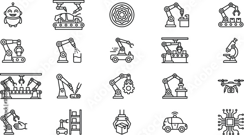 Modern industrial automation icons featuring robotic arms, smart manufacturing, artificial intelligence, robotics technology, drone systems, and automated production line concepts
