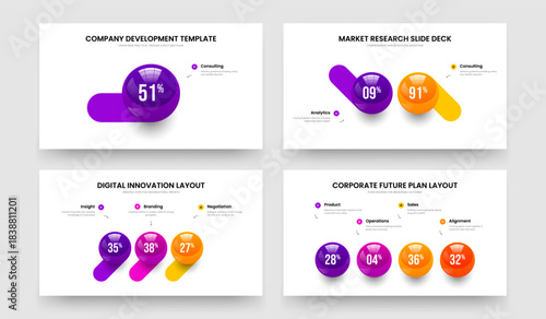 Consulting Campaign 1 2 3 4 Option Infographic Presentation Design Set. Project Solution One Two Three Four Element Chart Slideshow Layout Vector Illustration Collection.