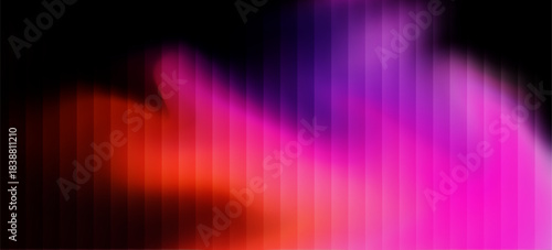 Neon ripple glass gradient in magenta, violet, ember orange on deep midnight. Sharp ribbed distortion, cinematic glow; futuristic texture background, vector illustration
