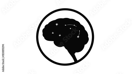 Silhouette of a brain with interconnected glowing dots symbolizing neural network or creative ideas within a circle.