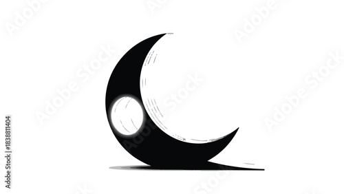 Mysterious crescent moon with glowing orb casting a shadow