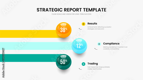 Clean Report 3 Element Graph Presentation Design. Financial Launch Three Option Diagram Frame Template. Colorful Introduction Slide Layout Vector Illustration.