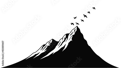 Majestic mountain peak with birds soaring towards the sky, symbolizing freedom and achievement.