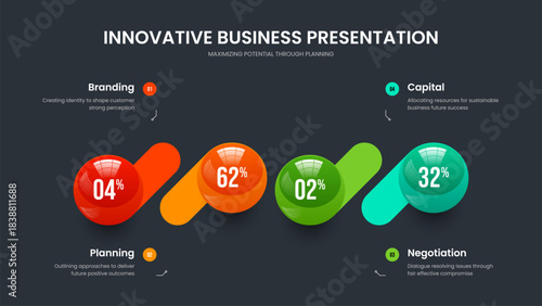 Product Introduction Four Element Diagram Presentation Layout. Clean Planning Slideshow Design Vector Illustration. Market Analysis 4 Option Graph Slide Template.