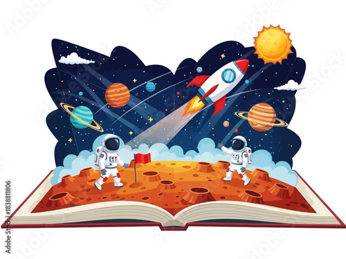 Whimsical Space Exploration: Educational Pop-Up Book Illustration for Kids