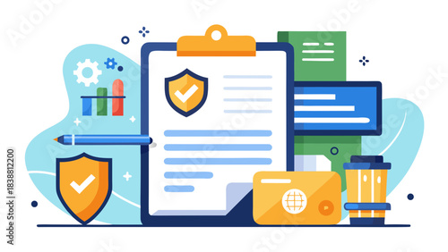 A blue and yellow clipboard with a check mark on it. The clipboard is surrounded by other items such as a pen, a book, a cup, and a cell phone. Concept of organization and productivity