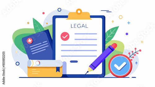 A legal document is written on a clipboard with a pen. The clipboard is surrounded by books and a clock