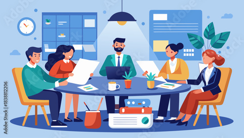 A group of people are sitting around a table in a conference room. They are all working on a project together