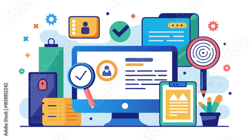A computer monitor with a magnifying glass on it and a person on the screen. The computer monitor is surrounded by various items such as a cell phone, a keyboard, a pen, and a potted plant