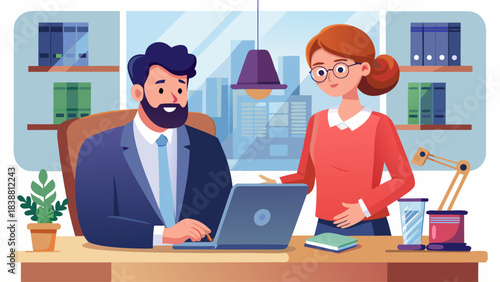 A man and a woman are sitting at a desk with a laptop. The man is typing on the laptop while the woman is looking at him. The scene suggests a professional setting where the man