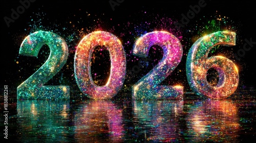 Sparkling multicolored numerals representing the year twenty twenty six shine brightly against a dark background