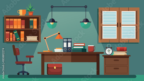 A clean and organized office space with a desk, chair, and bookshelves. The desk has a clock and a cup, and there are several books on it. The room is well-lit and has a modern, minimalist design
