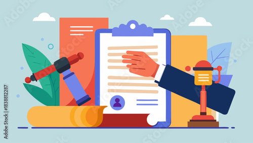 A hand is touching a piece of paper with a pen on it. The paper is on a table with a few other items, including a book and a pair of scissors. The scene suggests a creative or artistic atmosphere